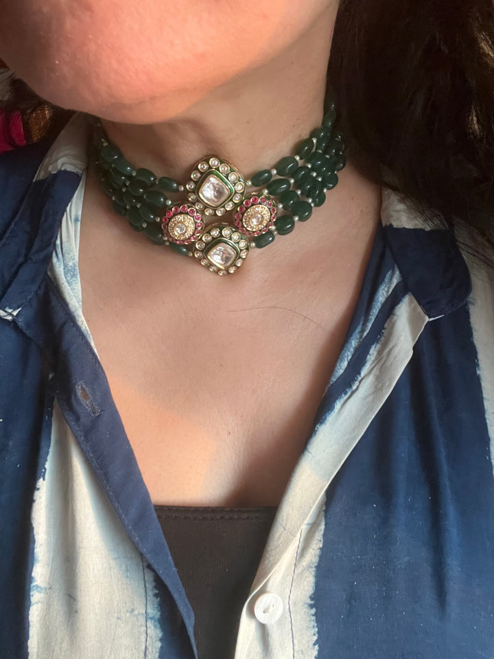 SHIVKA Premium Kundan Designer Necklace Set | Brass, Beads & Kundan Work | Adjustable Dori | Wedding Bridal Jewelry