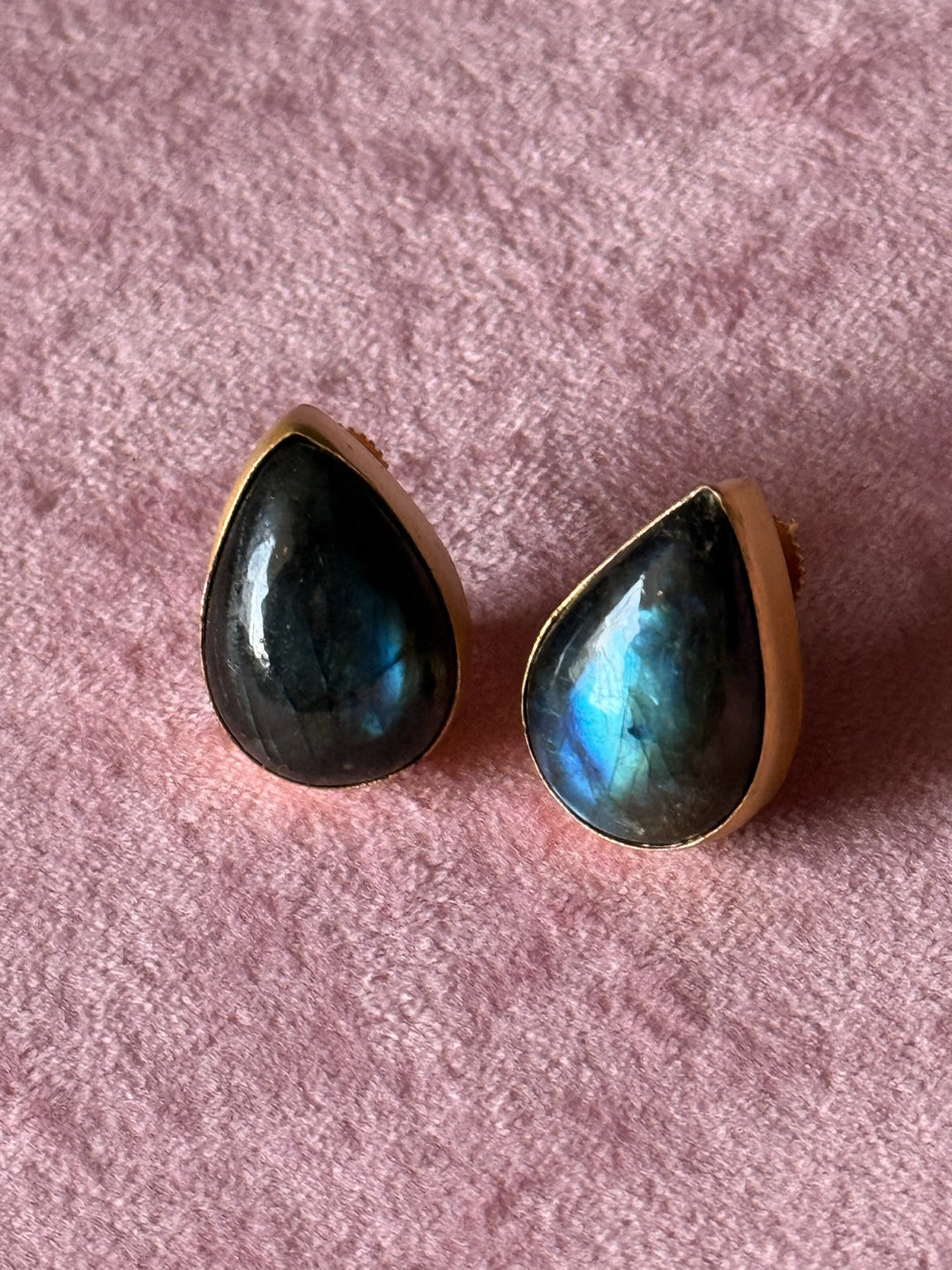 SHIVKA Labradorite Gold Studs | Natural Stone Earrings | Evening Glam
