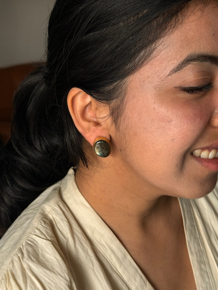 SHIVKA Labradorite Gold Studs | Natural Stone Earrings | Evening Glam