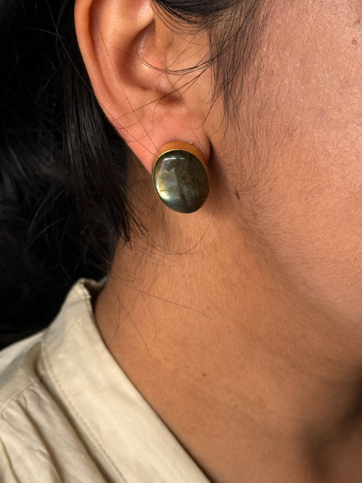 SHIVKA Labradorite Gold Studs | Natural Stone Earrings | Evening Glam