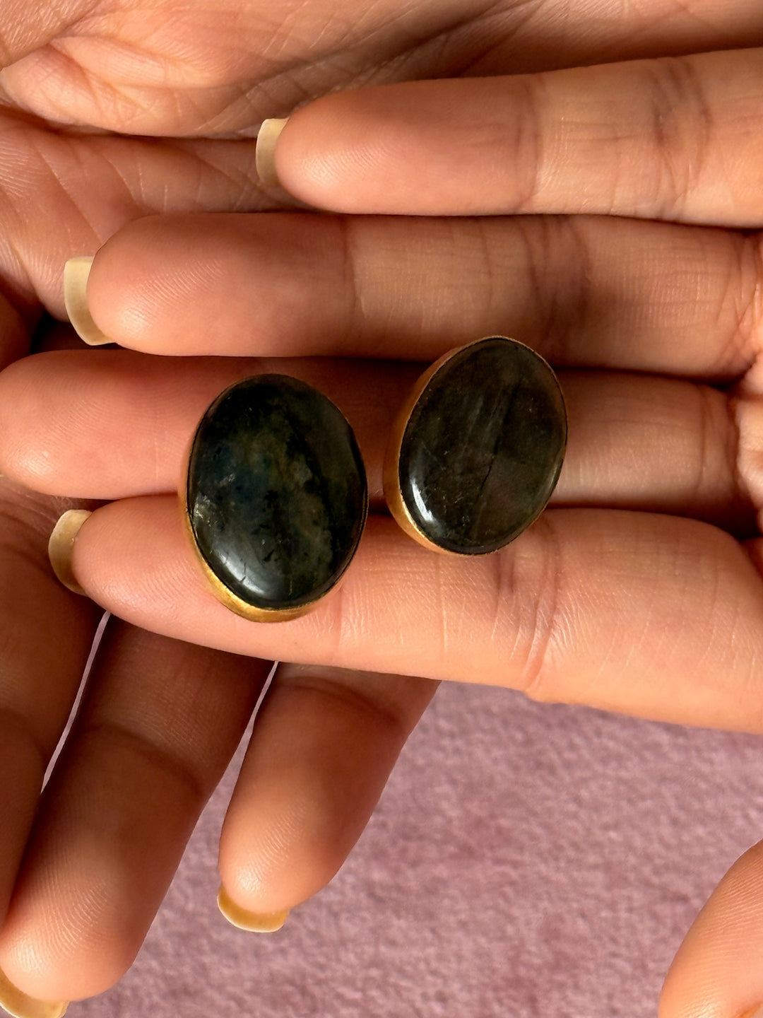 SHIVKA Labradorite Gold Studs | Natural Stone Earrings | Evening Glam