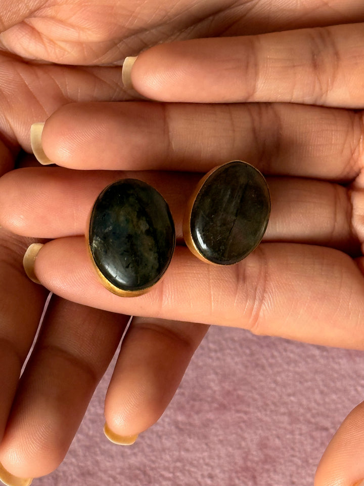 SHIVKA Labradorite Gold Studs | Natural Stone Earrings | Evening Glam