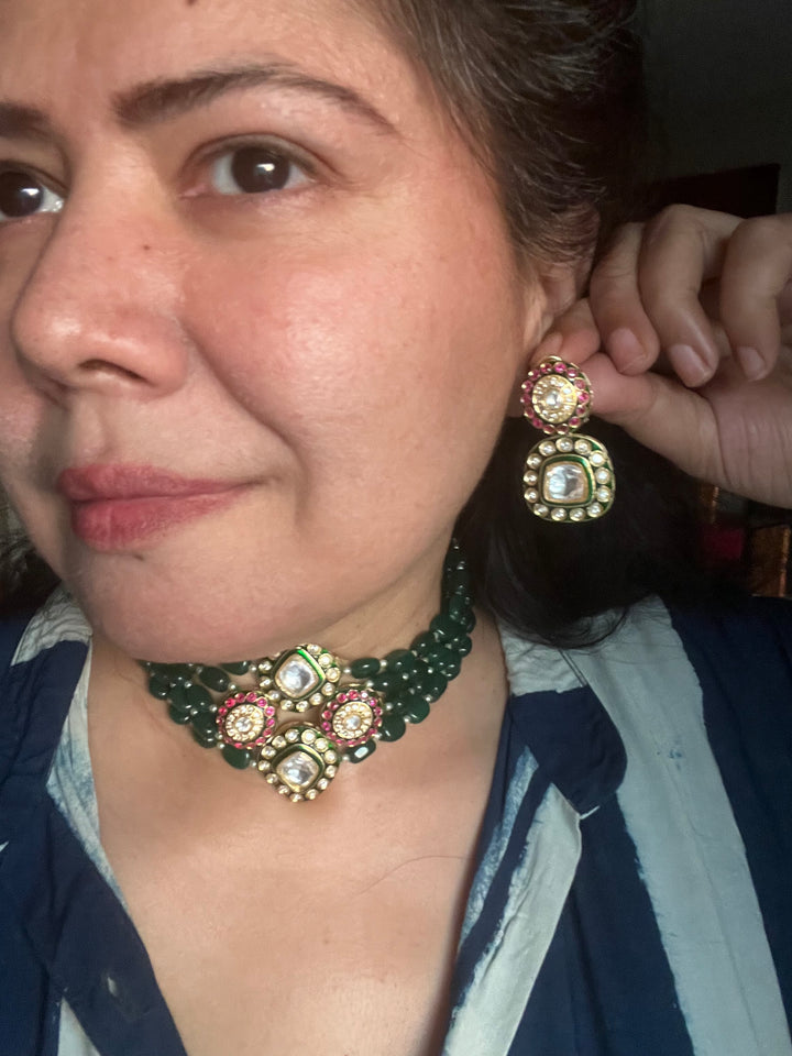 SHIVKA Premium Kundan Designer Necklace Set | Brass, Beads & Kundan Work | Adjustable Dori | Wedding Bridal Jewelry