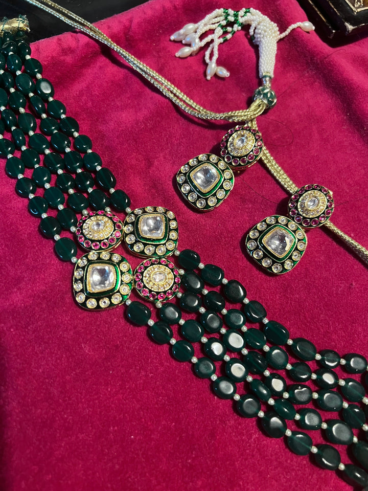SHIVKA Premium Kundan Designer Necklace Set | Brass, Beads & Kundan Work | Adjustable Dori | Wedding Bridal Jewelry