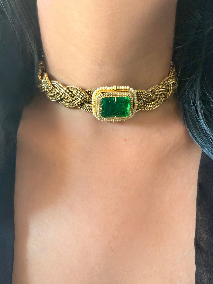 Handmade Statement Choker Necklace with Doublet Stone & Pearls | Adjustable Dori Brass Jewelry