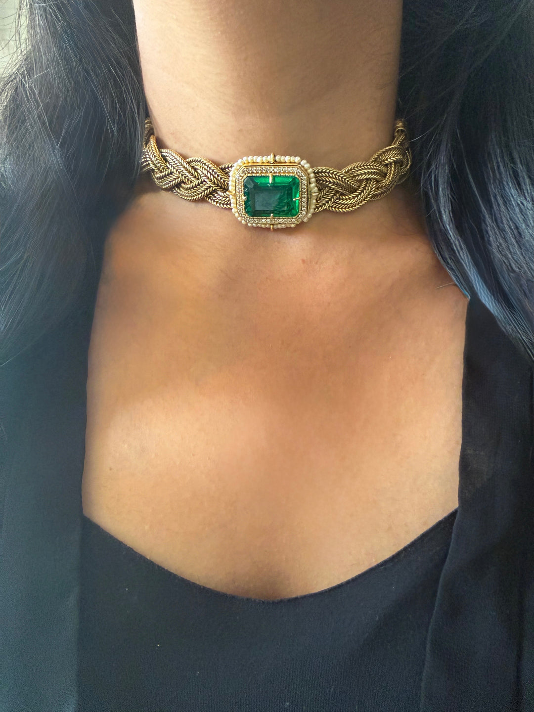 Handmade Statement Choker Necklace with Doublet Stone & Pearls | Adjustable Dori Brass Jewelry
