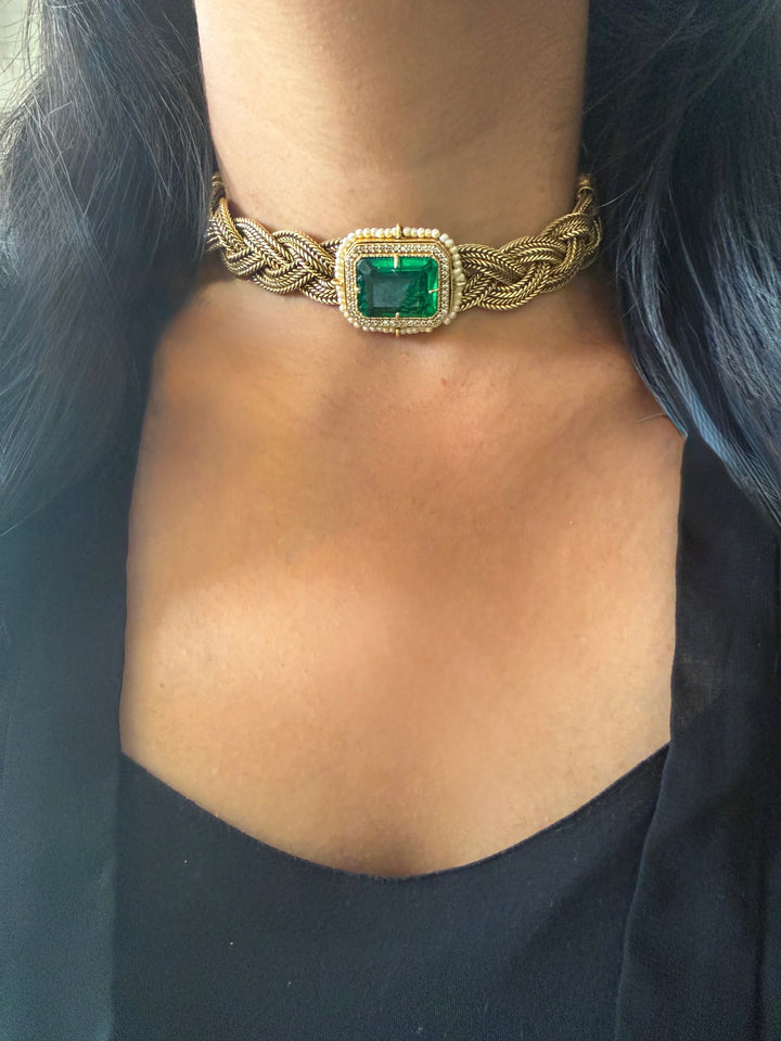 Handmade Statement Choker Necklace with Doublet Stone & Pearls | Adjustable Dori Brass Jewelry