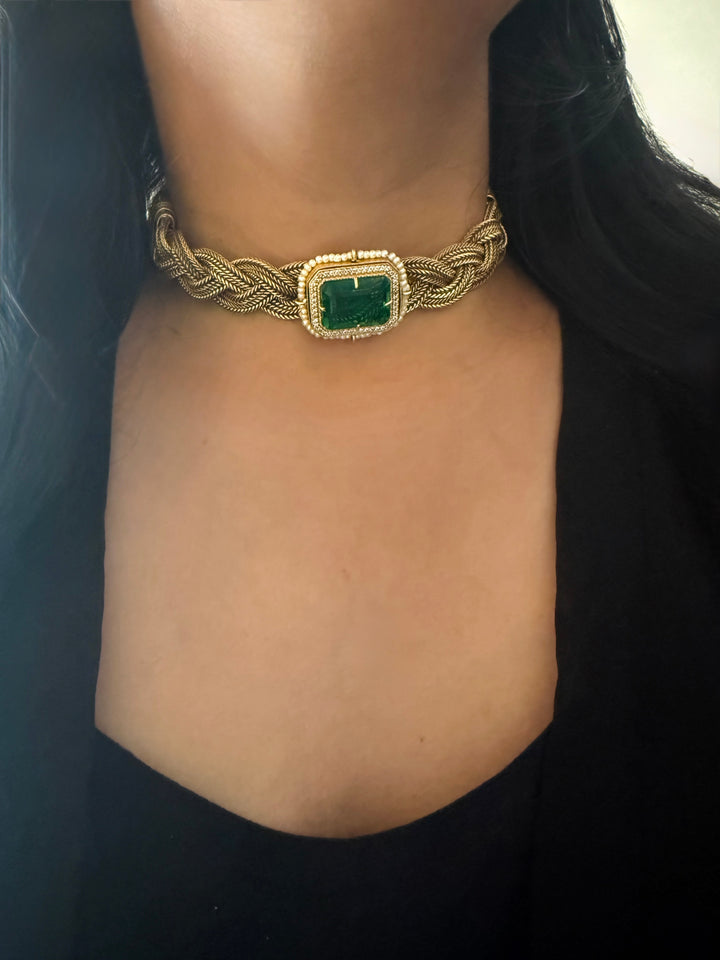 Handmade Statement Choker Necklace with Doublet Stone & Pearls | Adjustable Dori Brass Jewelry