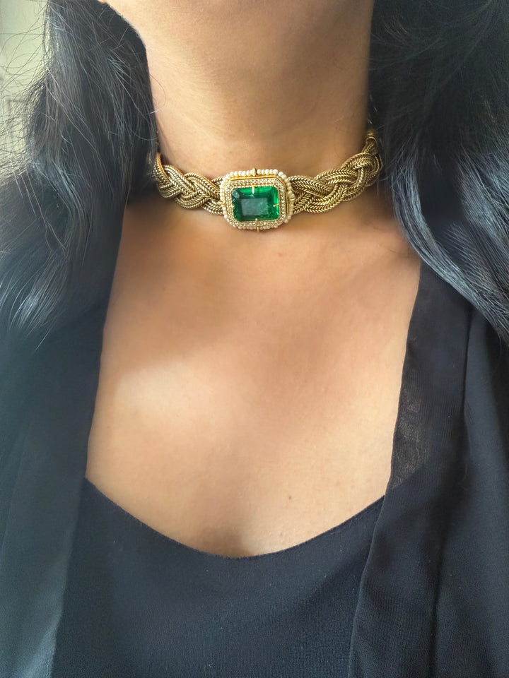 Handmade Statement Choker Necklace with Doublet Stone & Pearls | Adjustable Dori Brass Jewelry