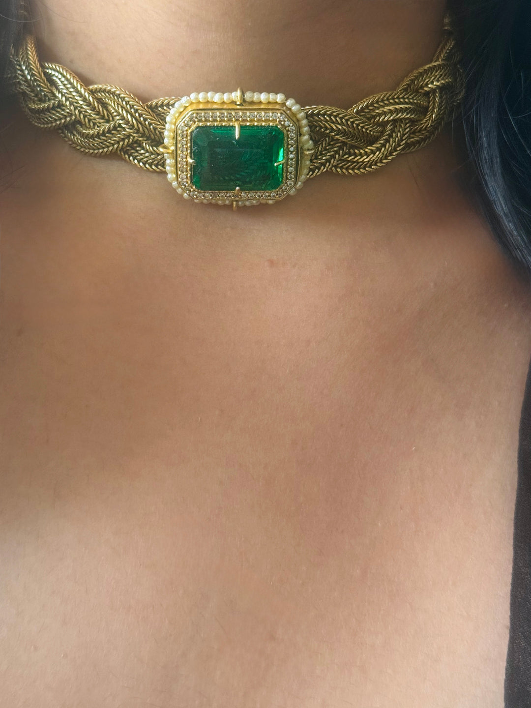 Handmade Statement Choker Necklace with Doublet Stone & Pearls | Adjustable Dori Brass Jewelry
