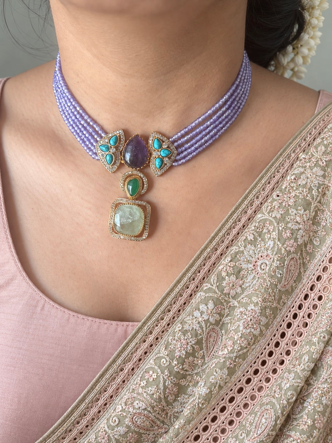 Lilac Shimmer Multigemstone Choker Necklace Set