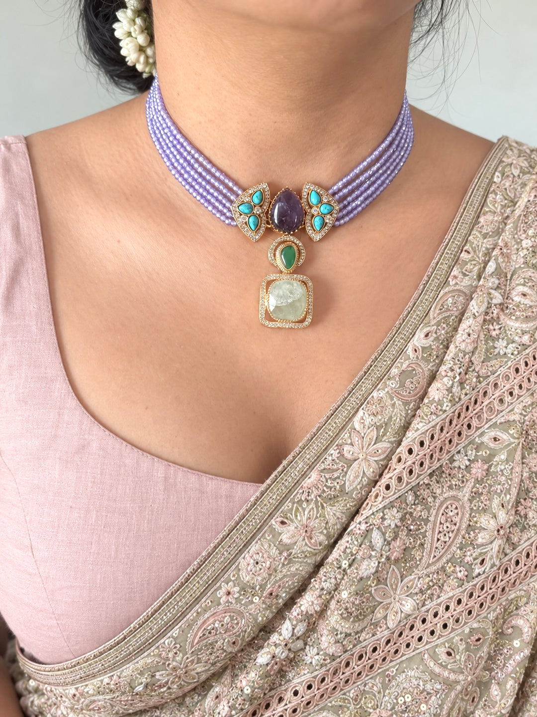 Lilac Shimmer Multigemstone Choker Necklace Set