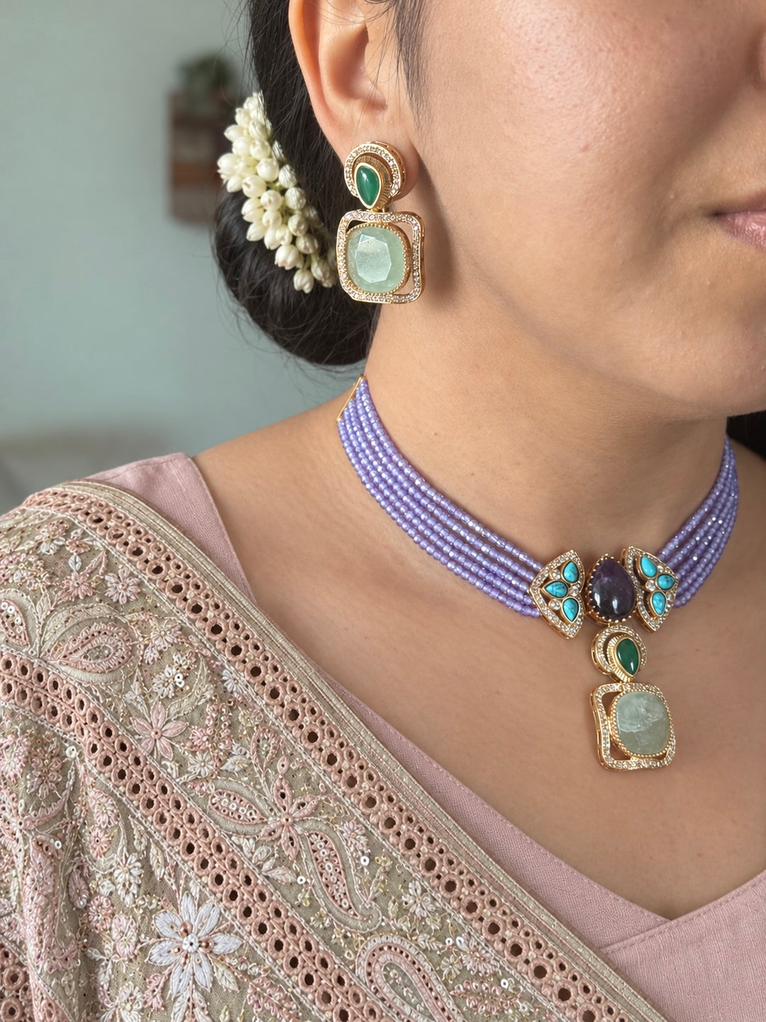 Lilac Shimmer Multigemstone Choker Necklace Set