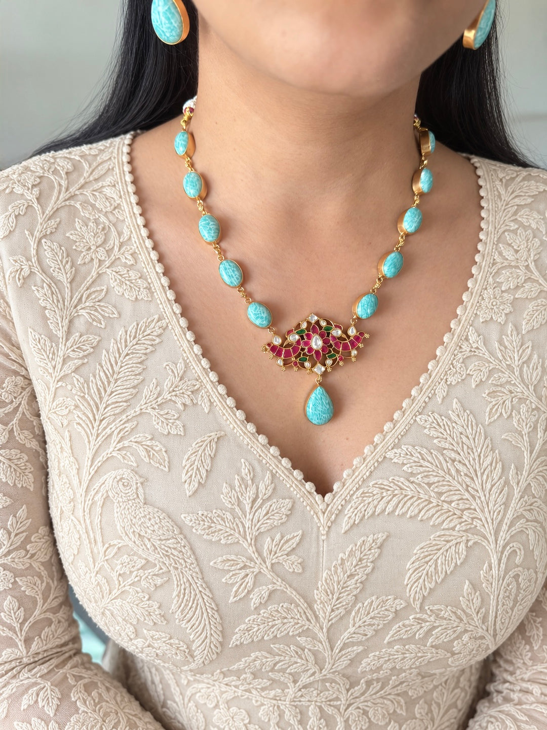 Natural Amazonite Kundan Necklace Set