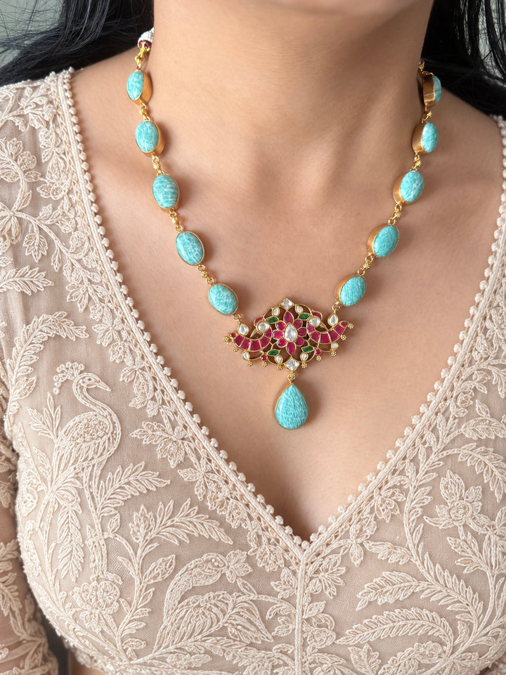 Natural Amazonite Kundan Necklace Set