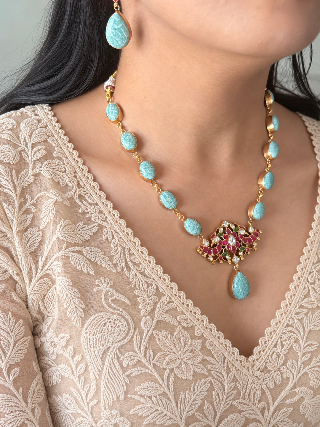 Natural Amazonite Kundan Necklace Set