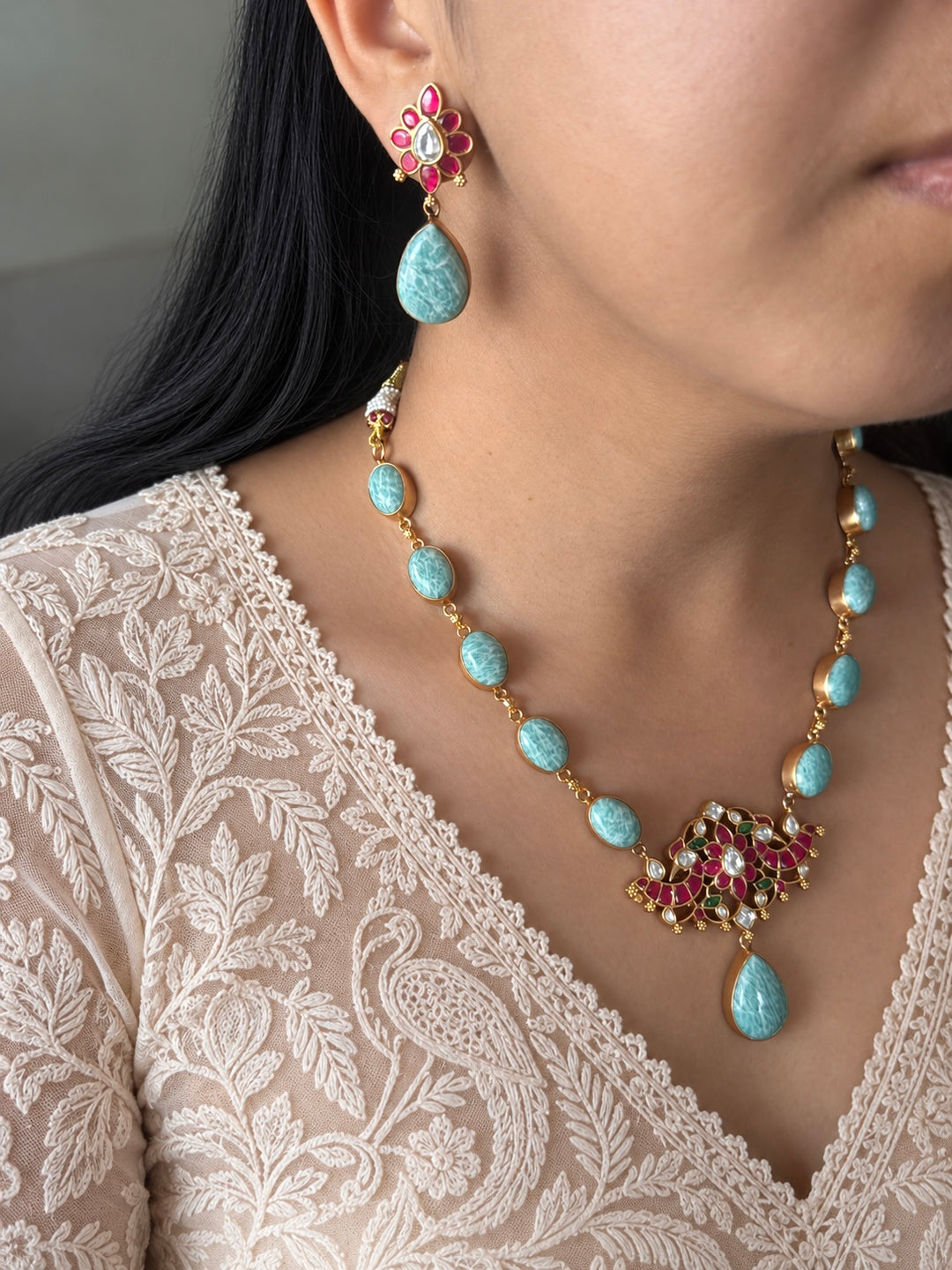 Natural Amazonite Kundan Necklace Set