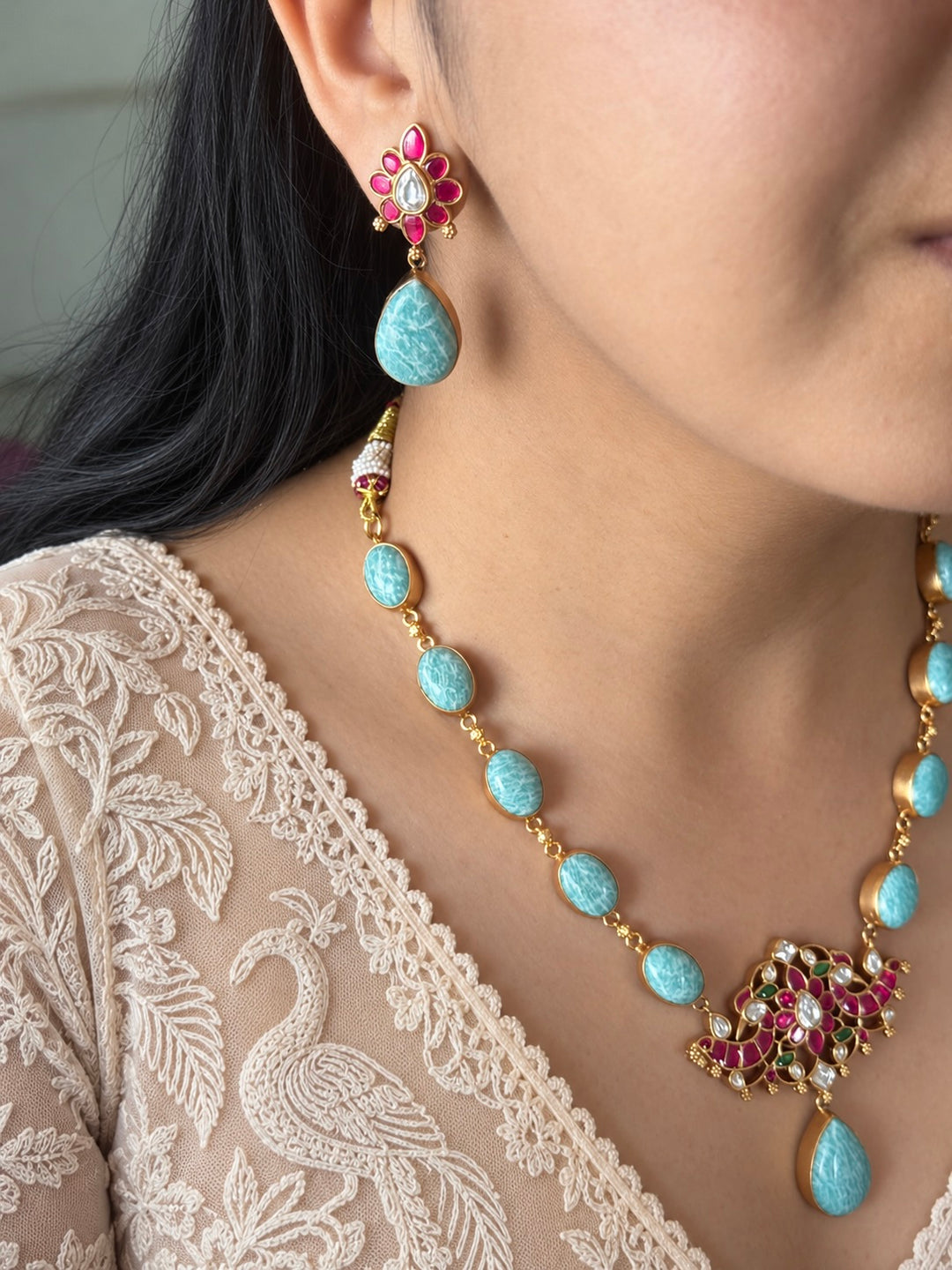 Natural Amazonite Kundan Necklace Set