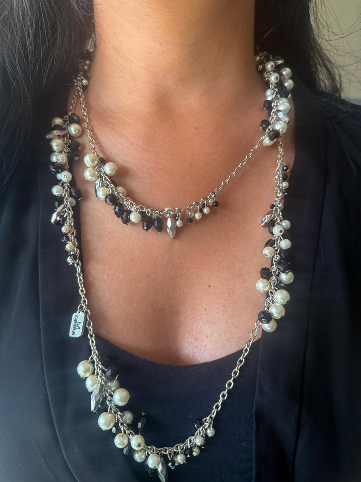 Statement Beaded Long Necklace: Double Layer Pearl and Beads