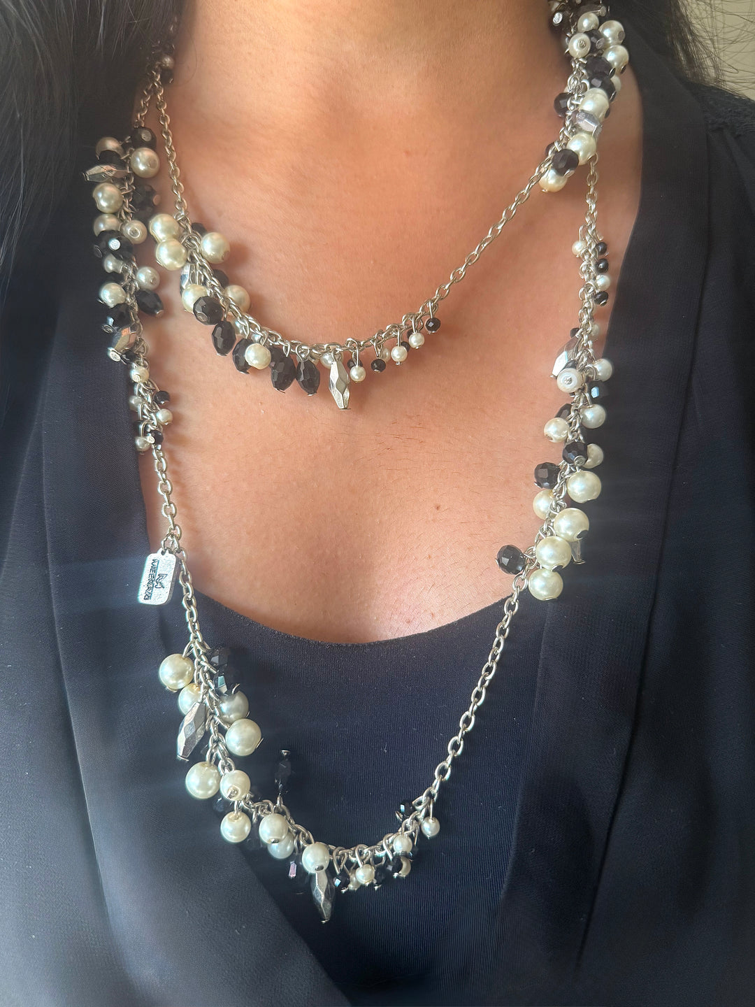 Statement Beaded Long Necklace: Double Layer Pearl and Beads