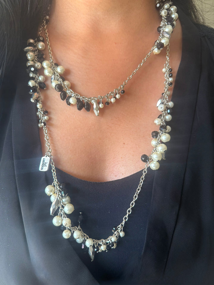 Statement Beaded Long Necklace: Double Layer Pearl and Beads
