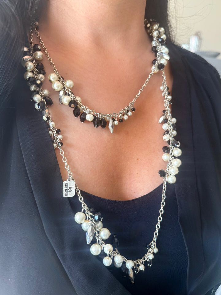 Statement Beaded Long Necklace: Double Layer Pearl and Beads