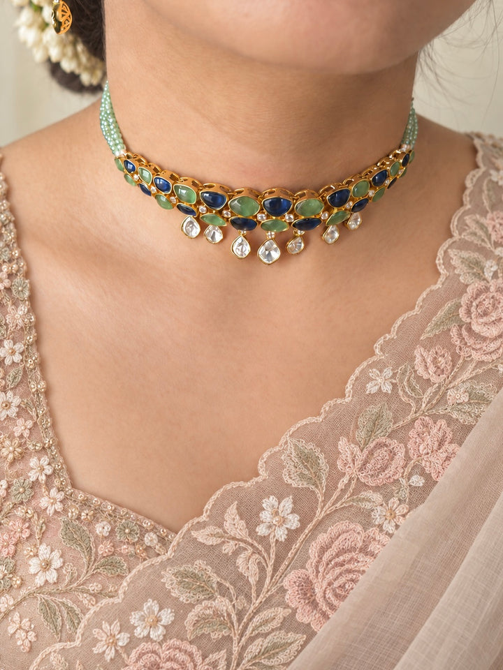 Mint Green and Blue Polki Choker Necklace Set