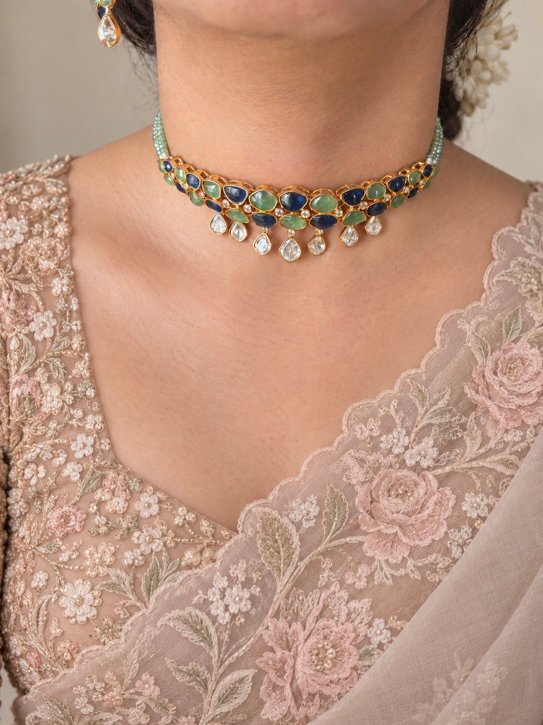 Mint Green and Blue Polki Choker Necklace Set
