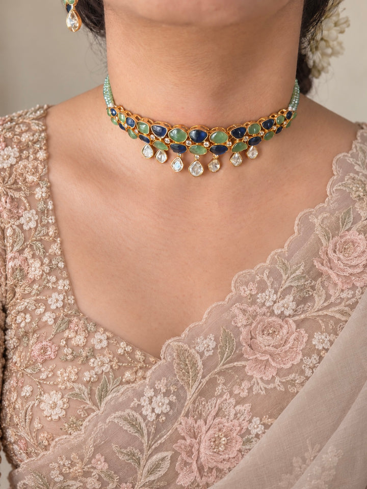 Mint Green and Blue Polki Choker Necklace Set