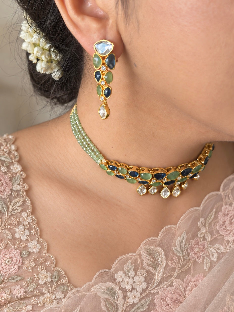 Mint Green and Blue Polki Choker Necklace Set