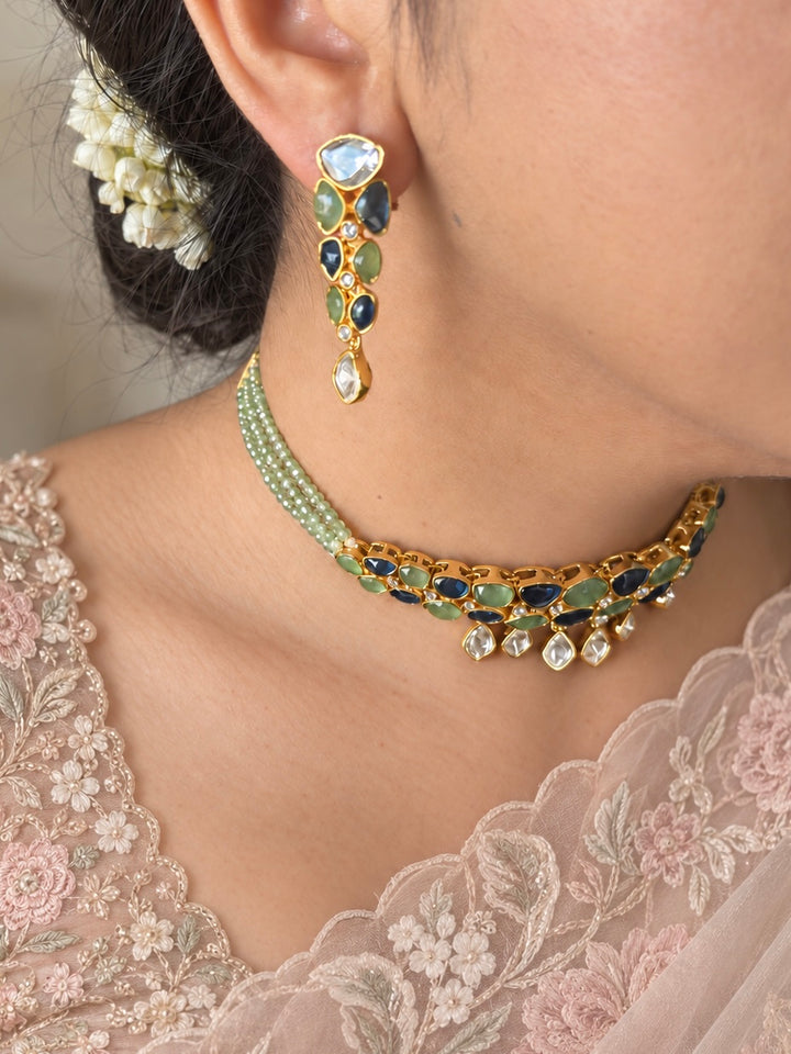 Mint Green and Blue Polki Choker Necklace Set