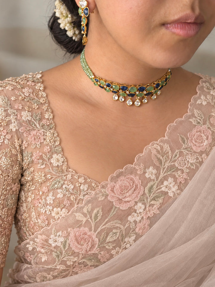 Mint Green and Blue Polki Choker Necklace Set