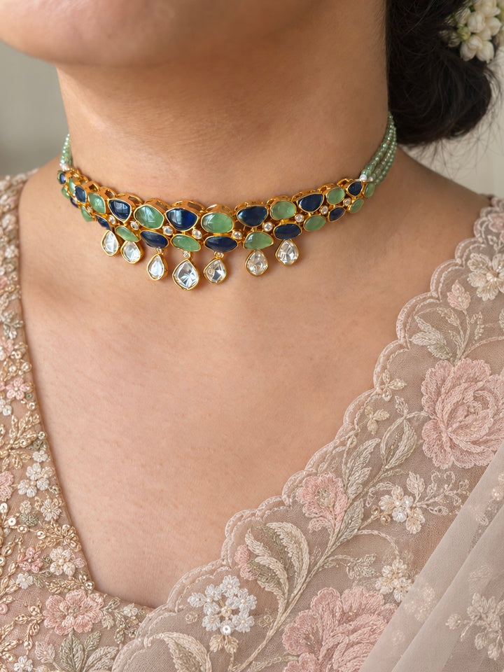 Mint Green and Blue Polki Choker Necklace Set
