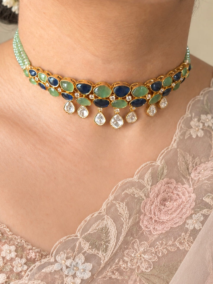 Mint Green and Blue Polki Choker Necklace Set