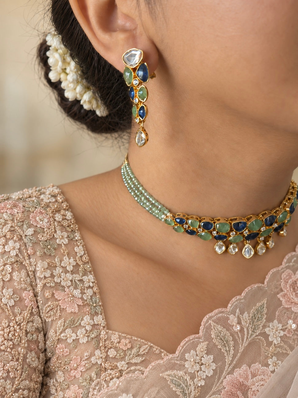 Mint Green and Blue Polki Choker Necklace Set