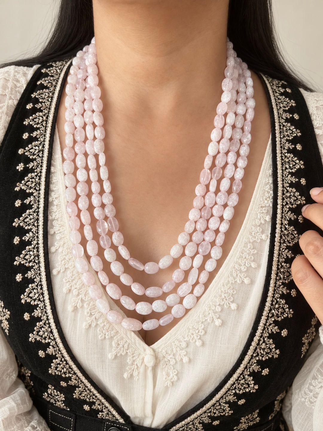 Rose Quartz Multistrand Beaded Necklace