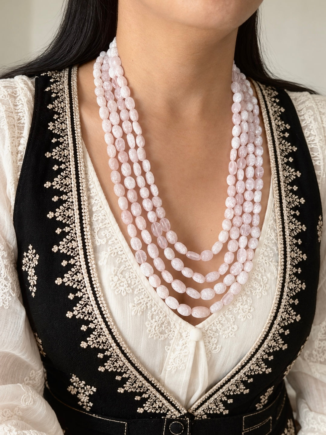 Rose Quartz Multistrand Beaded Necklace