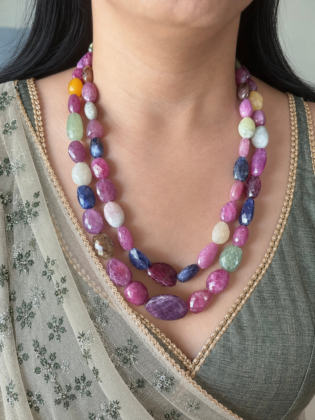 Multicolour Sapphire and Ruby Layered Gemstone Necklace