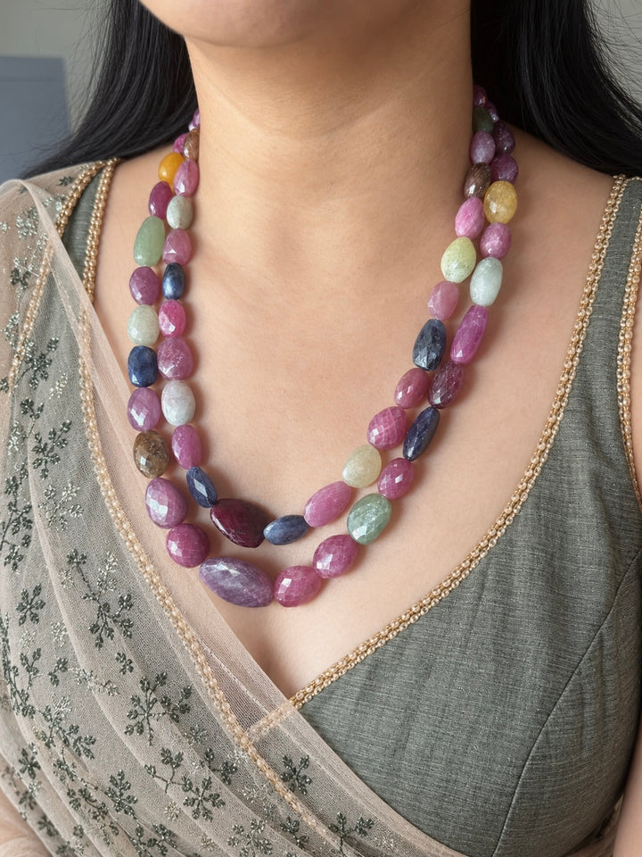 Multicolour Sapphire and Ruby Layered Gemstone Necklace