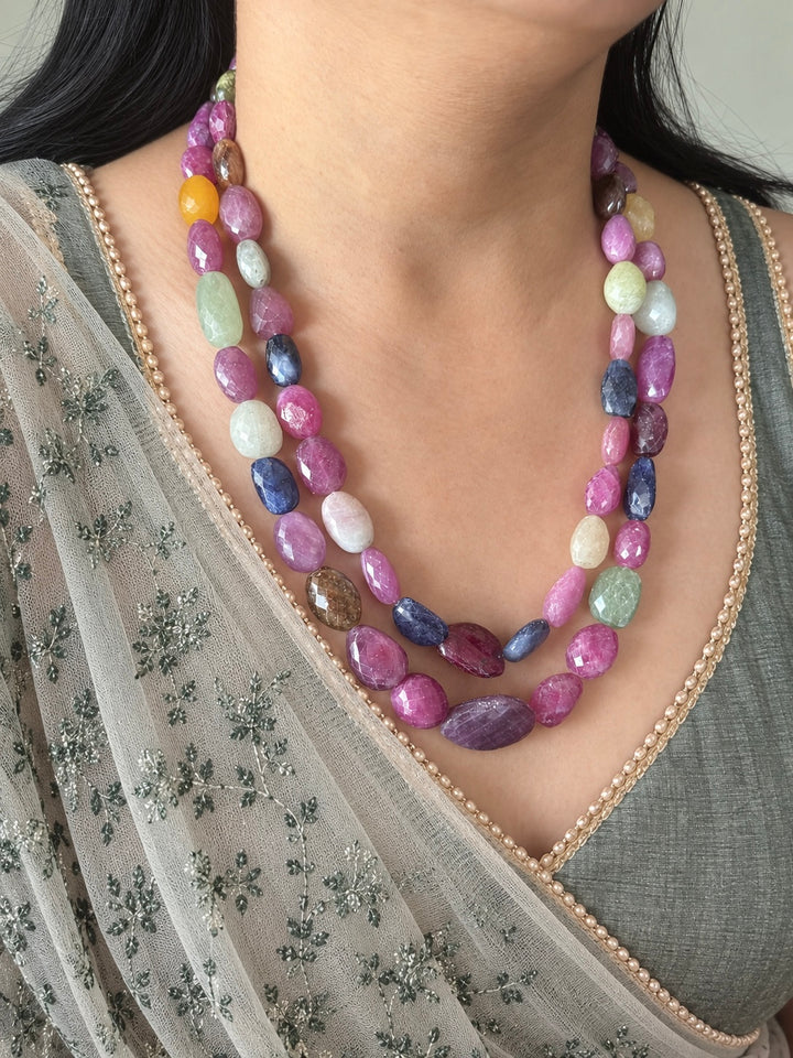 Multicolour Sapphire and Ruby Layered Gemstone Necklace