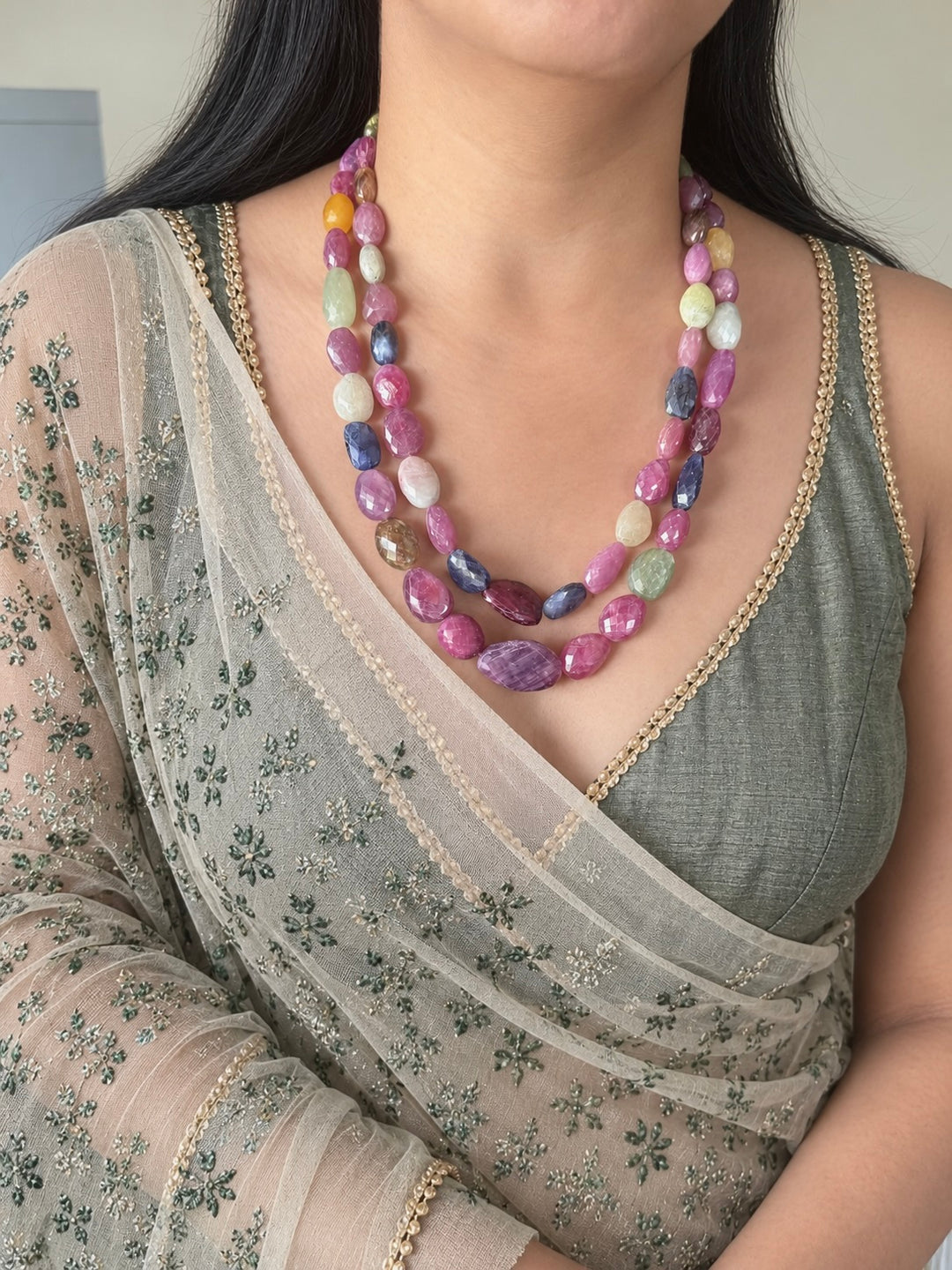 Multicolour Sapphire and Ruby Layered Gemstone Necklace