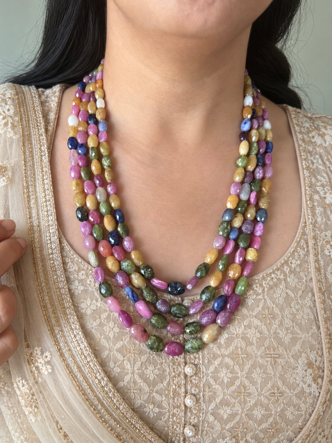 Multicolour Sapphire and Ruby Layered Gemstone Necklace