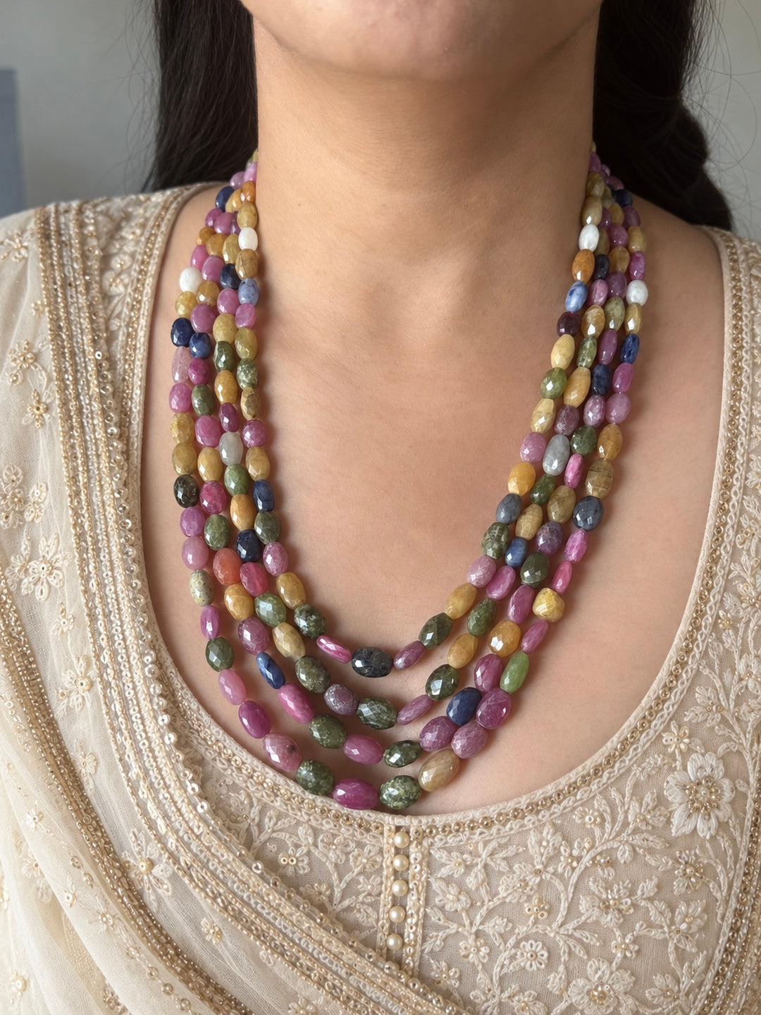 Multicolour Sapphire and Ruby Layered Gemstone Necklace
