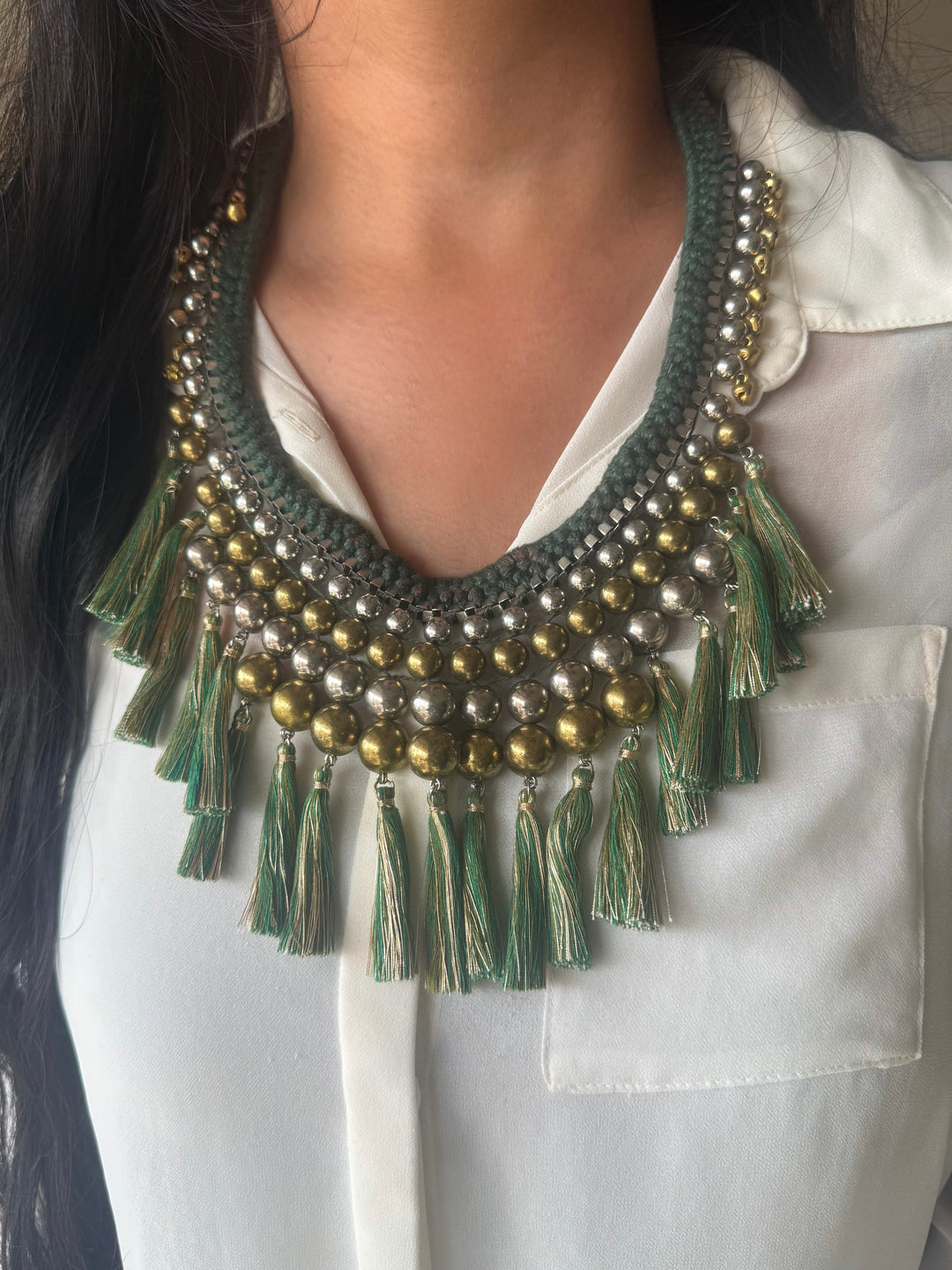 Handmade Green Thread Tassel Beaded Necklace | Adjustable Lobster Claw Statement Jewelry