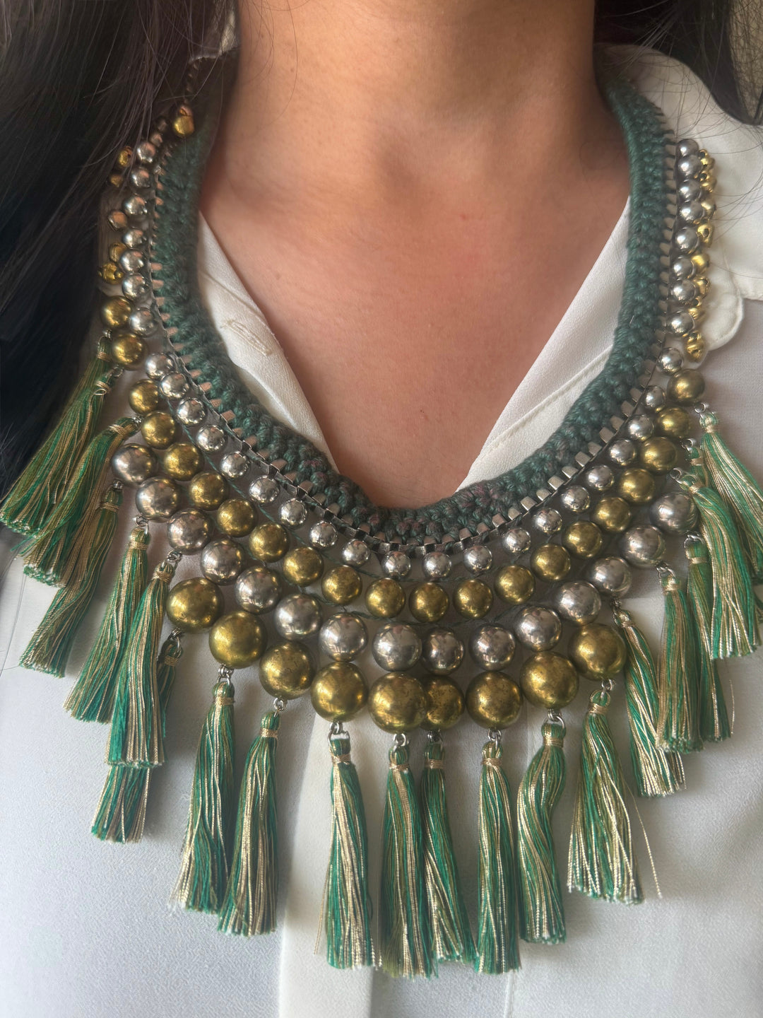 Handmade Green Thread Tassel Beaded Necklace | Adjustable Lobster Claw Statement Jewelry