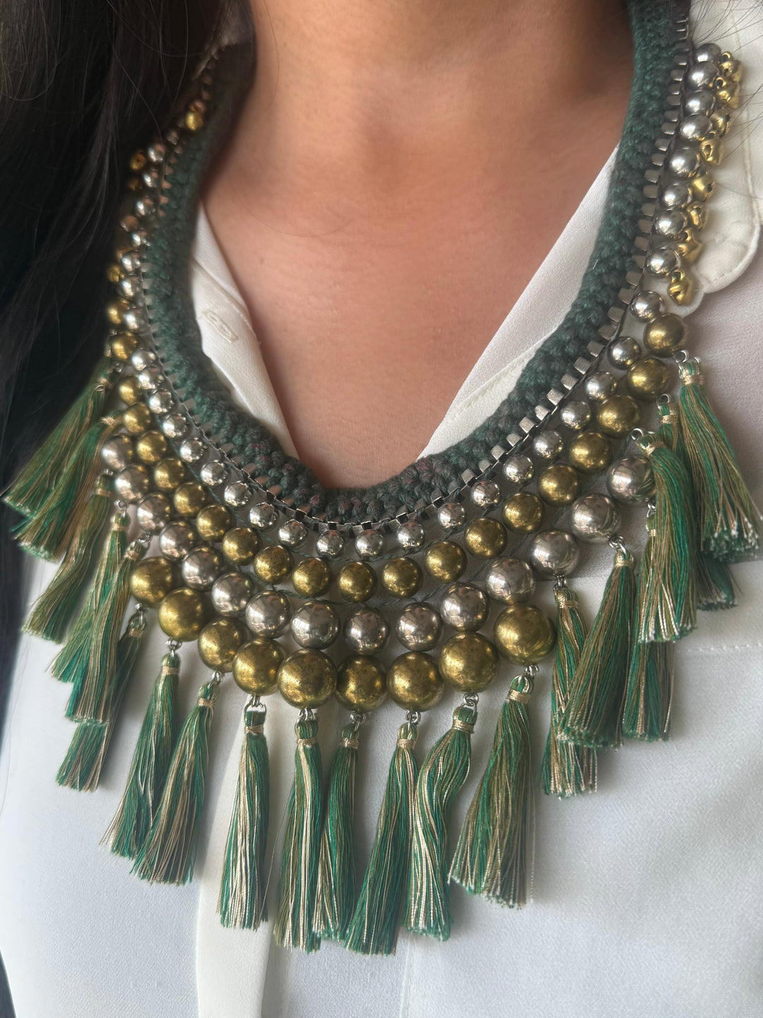 Handmade Green Thread Tassel Beaded Necklace | Adjustable Lobster Claw Statement Jewelry