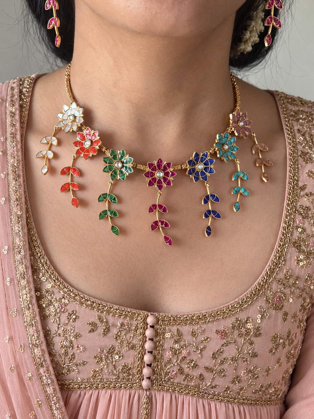 Multicolour Jadau Flower and Leaf Necklace Set