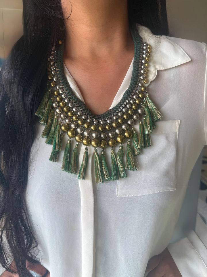 Handmade Green Thread Tassel Beaded Necklace | Adjustable Lobster Claw Statement Jewelry