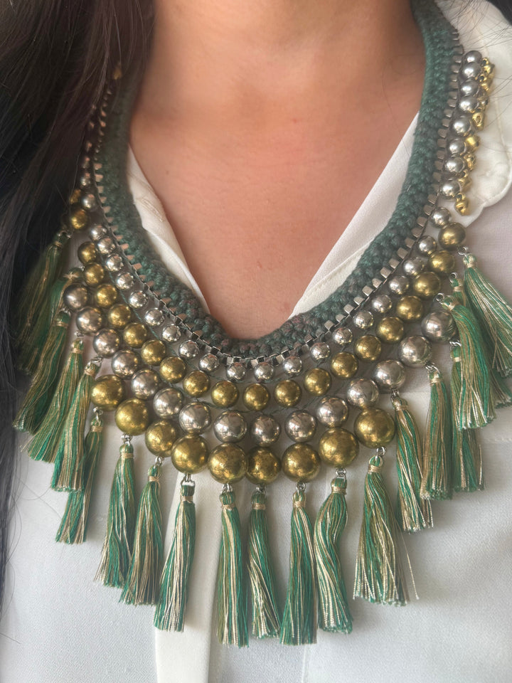 Handmade Green Thread Tassel Beaded Necklace | Adjustable Lobster Claw Statement Jewelry