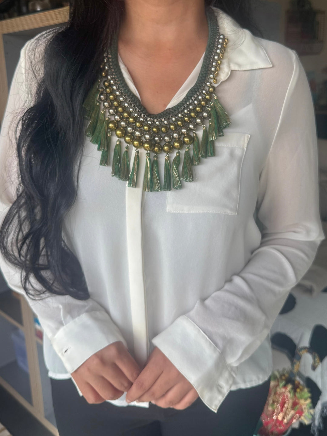 Handmade Green Thread Tassel Beaded Necklace | Adjustable Lobster Claw Statement Jewelry